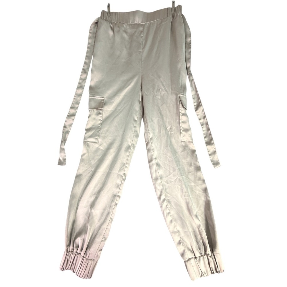 Champagne Satin Cargo Pants Women's Size Small Beige‎ Tie Waist Jogger - Picture 3 of 7